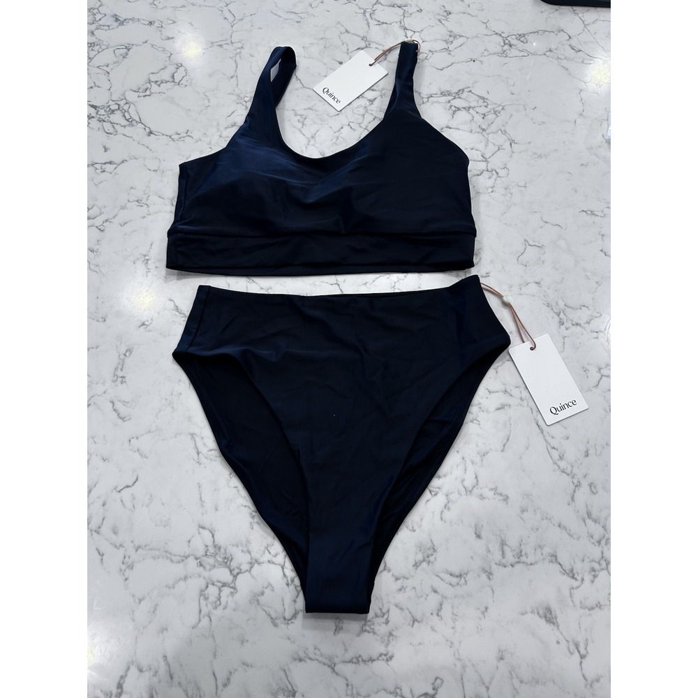 NWT Quince Black Italian Tank Bikini Top & High Rise High Leg Bottom Set Large